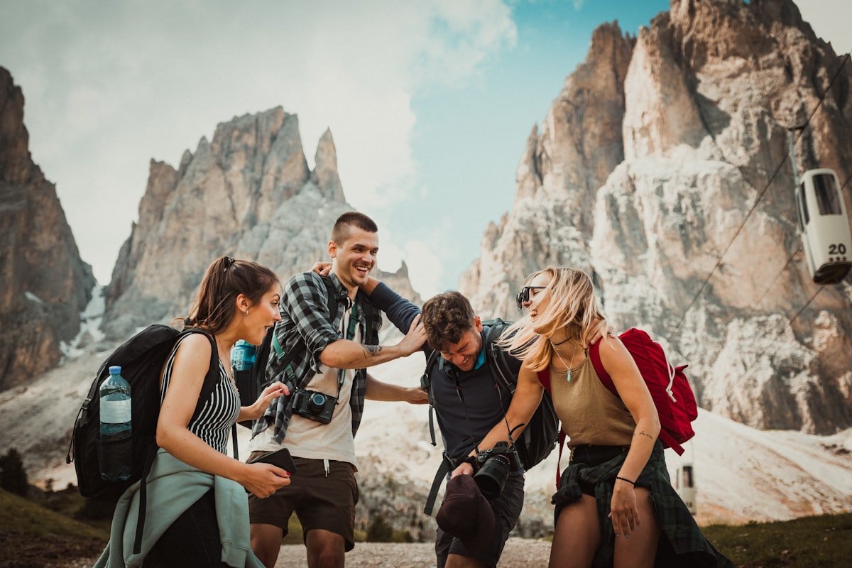 Group of happy travelers exploring together